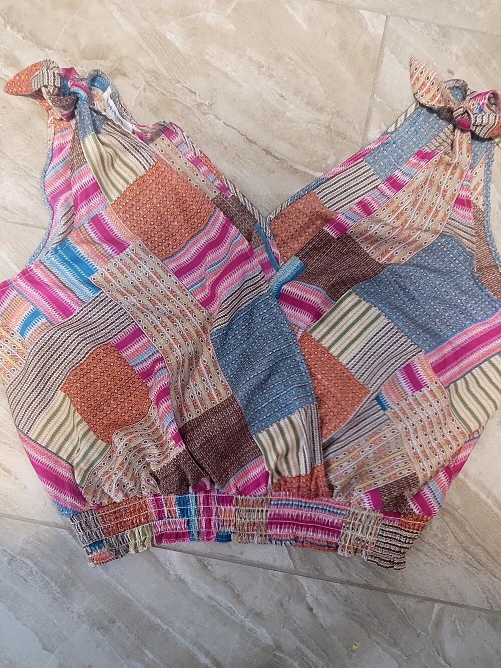 Rose & Olive Patchwork V-Neck Tie-Strap Crop Top in Pink, Blue & Brown
